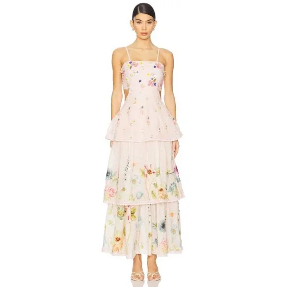 NWT LA FUORI Garden Gala Tier Dress in Pink Multi Floral - Picture 1 of 4